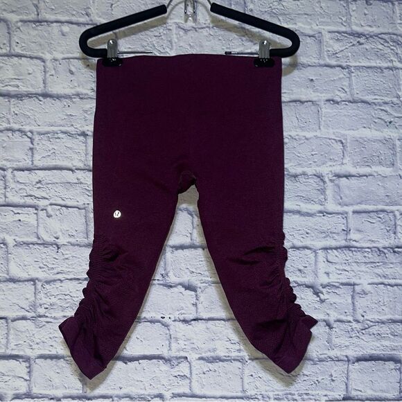 Lululemon Ebb & Flow Ruched Cropped Burgundy Leggings Size 6 - Picture 2 of 9